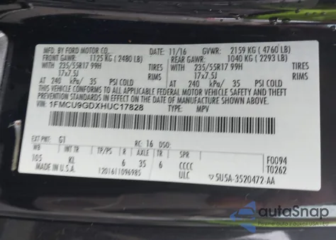 2017 Ford Escape Se из США, поврежденный, VIN 1FMCU9GDXHUC17828